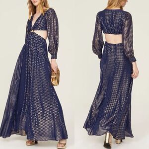 DELFI Collective Cerise Gown Women Medium Blue Silk Metallic Gold Dot Open Back